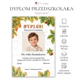 Dyplom przedszkolaka Kasztanki A4 – szablon PSD i PNG z kasztanowymi liśćmi i miejscem na zdjęcie dziecka