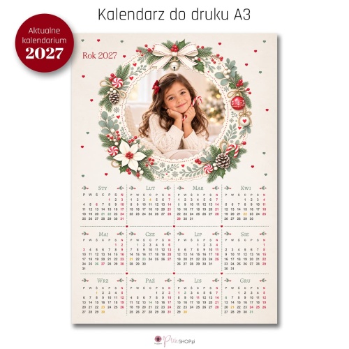 Kalendarz świąteczny A3 z okrągłym oknem na zdjęcie w wianku z cukierków i bombek, uśmiechnięta dziewczynka z lizakiem świątecznym, kalendarium 2027
