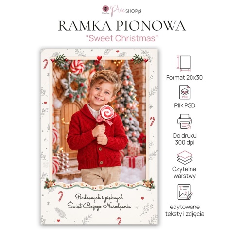 Świąteczna ramka pionowa Sweet Christmas 20x30 w kremowych kolorach z czerwonymi akcentami, z portretem uśmiechniętego chłopca w czerwonym swetrze i życzeniami na dole